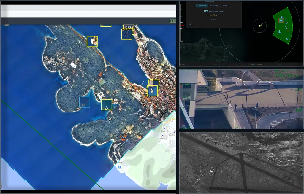 Mission software showing a coastal map with vessel detections, a radar track picture, EO/IR video and radar imagery