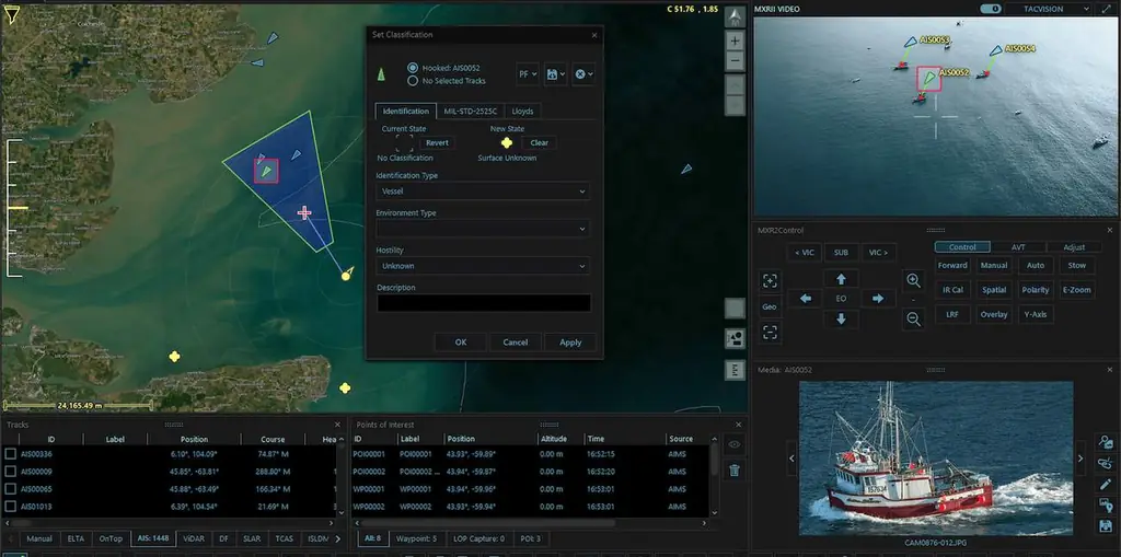 Mission management software showing a map with a tracked vessel and sensor video