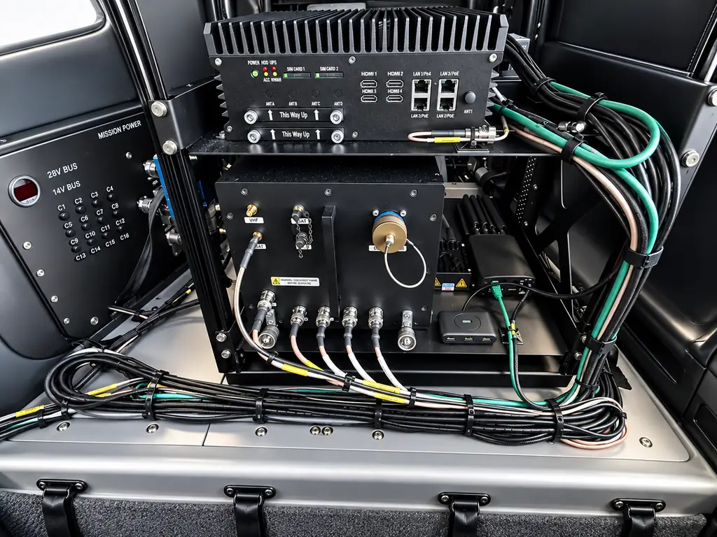 Mission system rack with cabling installed in an aircraft cabin